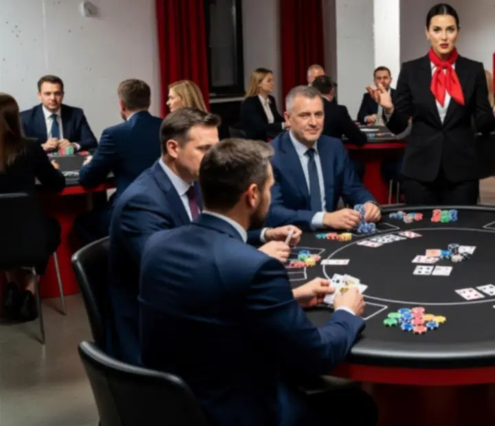 Firemní pokerový večer s hosty a moderátorem u stolu