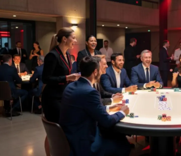 Atmosféra pokerového večera s hosty a moderátorem u stolu